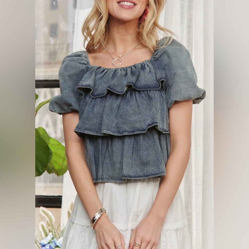ADORA Denim Ruffle Short-Sleeve Top…